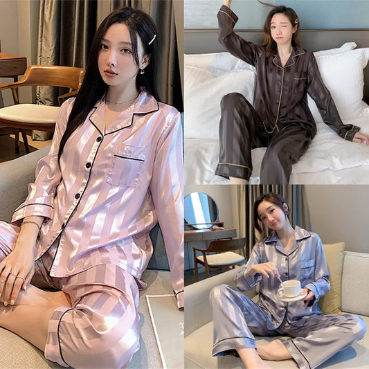 Ice Silk Pajamas Two-Piece Female Spring And Autumn Long-Sleeved Pajamas Ladies Simulation Silk Sweet Striped Homewear Set