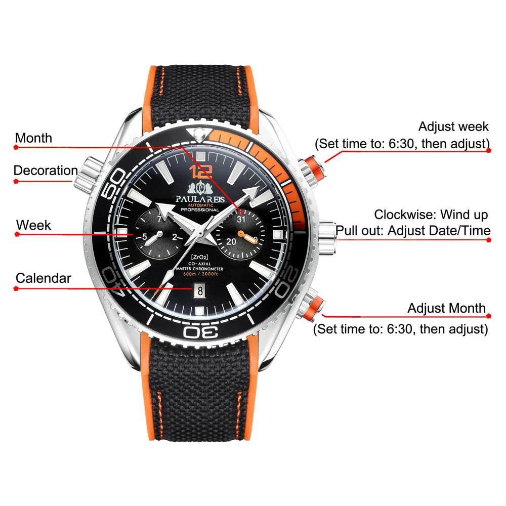 PAULAREIS New Sport Casual Alloy Men's Watches Luminous Automatic Mechanical Watches Orange Round Male Wristwatch