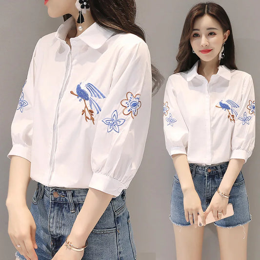 It Goes with Everything Embroidered Summer Five-point sleeve Shirt 2023 New Literary Women Temperament Lapel Casual Tops