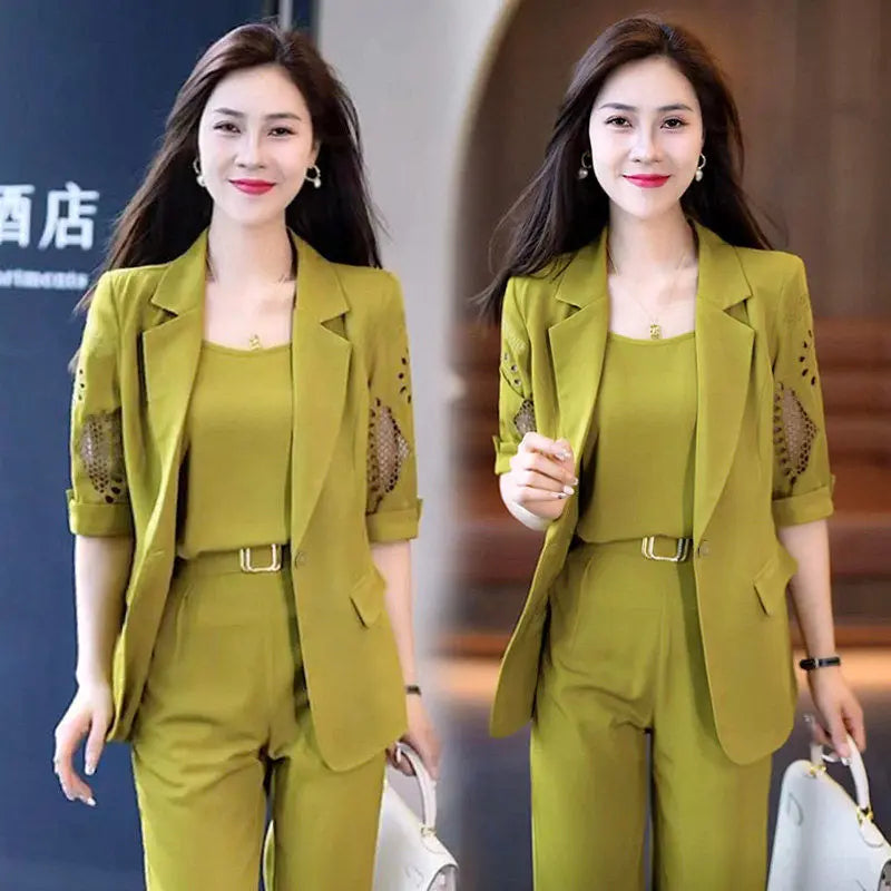 2023 Autumn New Vintage Hollow Short Sleeve Jacket with Tank Top Casual Pants Three Piece Elegant Women's Pants Suit Office Set