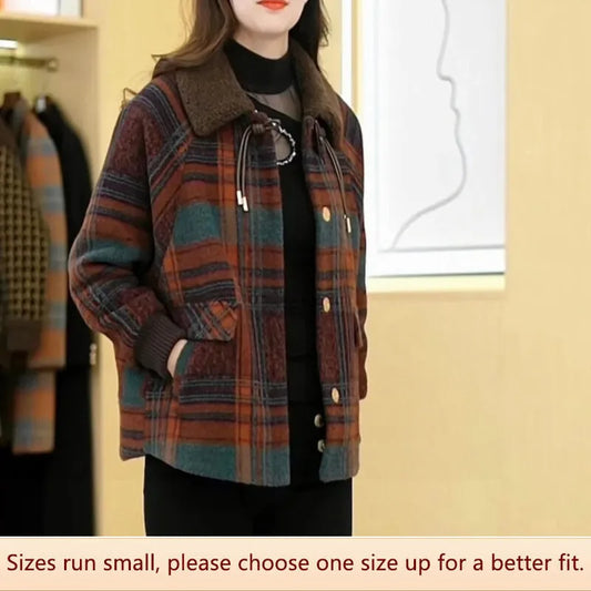 Thickened Cotton Women's Overcoat Autumn/winter Plaid Woolen Jacket Mom's Regular Square Collar Jacket