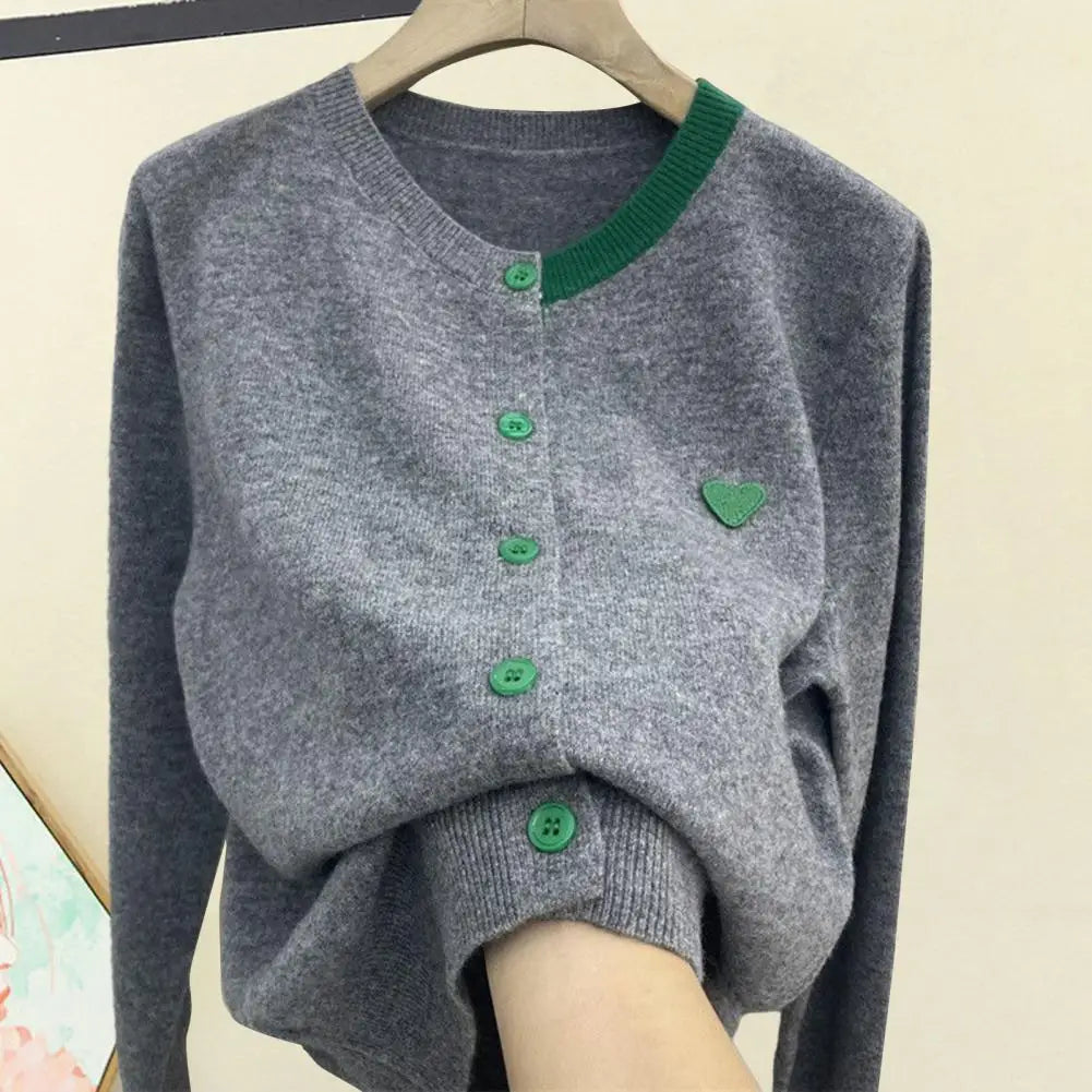 Women Fall Winter Knit Cardigan Single-breasted Round Neck Color Matching Elastic Warm Anti-pilling Lady Sweater Coat