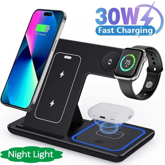 30W 3 in 1 Foldable Charging LED Fast Wireless Charger Stand Station For iPhone 15 14 13 12 11 Apple Watch 9 8 7 6 5 Airpods Pro