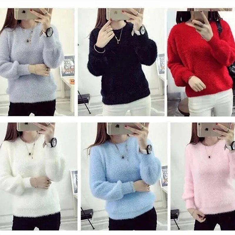 Winter Imitate Mink Wool Hot Fleecing Female O-neck Long Puff Sleeve  Elastic Casual Sweater Women Knitted Tops Pullovers Solid