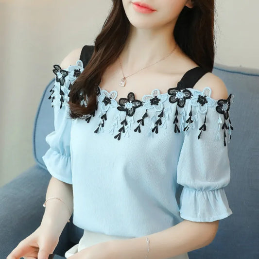 Women Summer Blouses 2024 Short Sleeve Chiffon Women Blouse Shirt Sexy Slash Neck Off Shoulder Top Womens Tops And Blouses B155