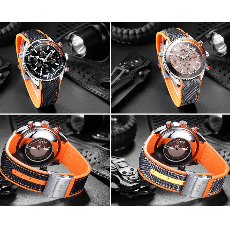 PAULAREIS New Sport Casual Alloy Men's Watches Luminous Automatic Mechanical Watches Orange Round Male Wristwatch