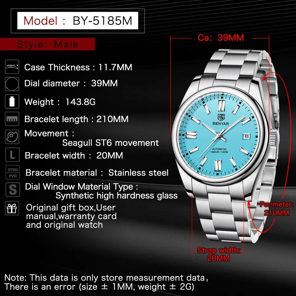 2024 BENYAR New Luxury Men Mechanical Wristwatches 10Bar Waterproof Automatic Watch Stainless Steel Sports Diving Watch for Men