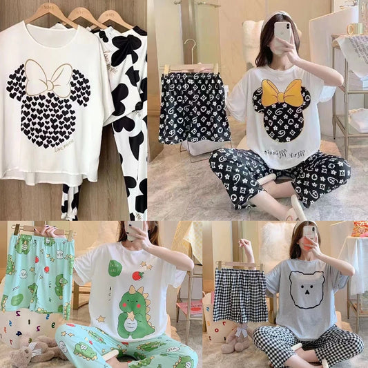 Women's Three-Piece Pajamas Summer New Korean Version Of The Student Short-Sleeved Shorts Long Pants Cute And Sweet Homewear Set