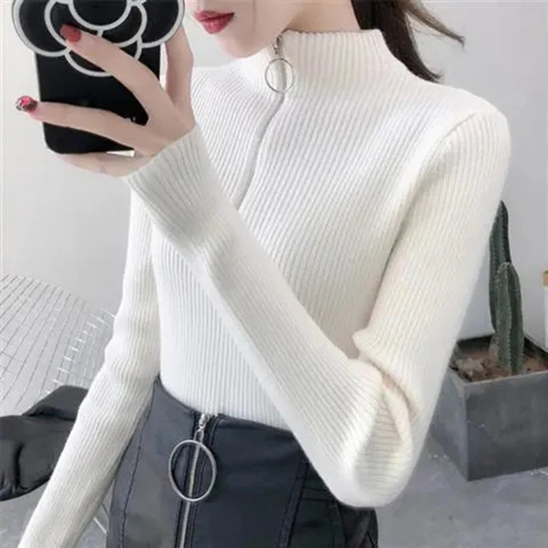 Knitted Women Zipper Half High Neck Sweater Pullovers Autumn Winter Basic Women Sweaters Slim Solid Knitwear Pull Femme Tops