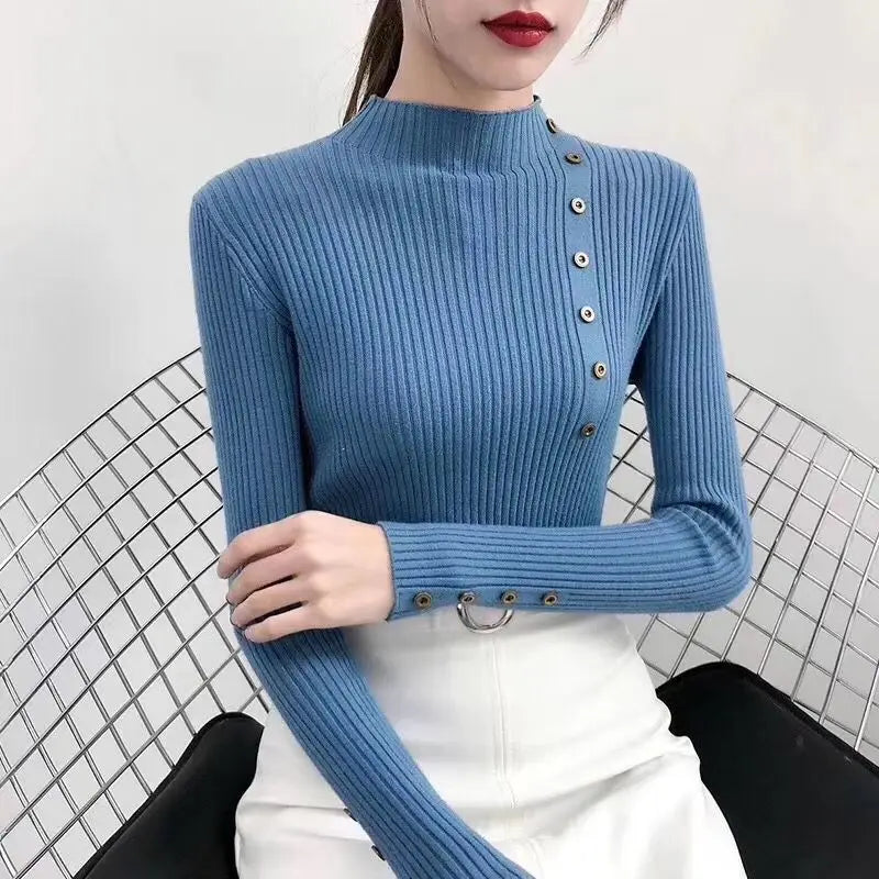 2023 Women Autumn Knitted Slim Sweaters Solid Knitted Female Cotton Soft Elastic Color Pullovers Button Full Sleeve Turtleneck