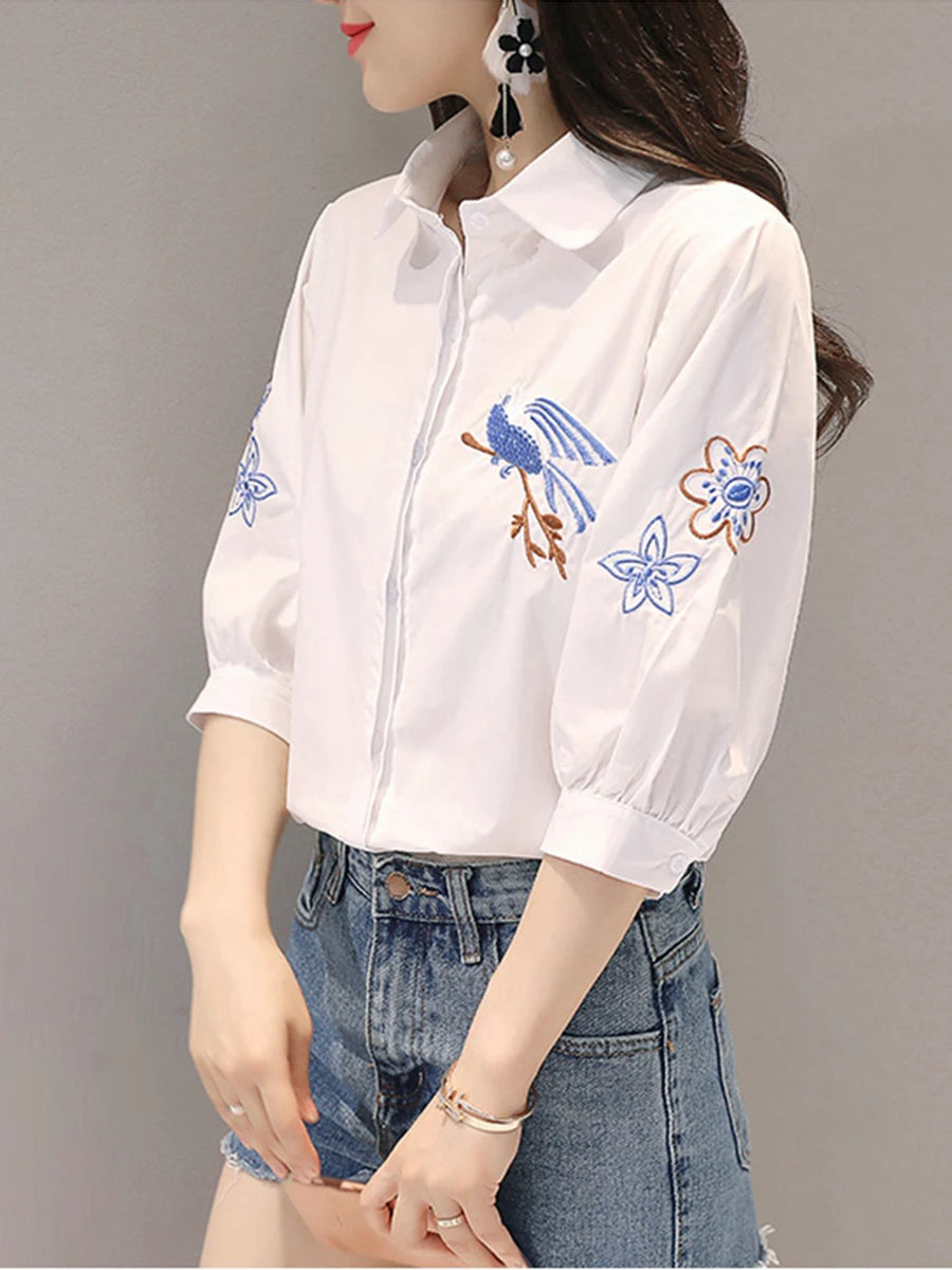 It Goes with Everything Embroidered Summer Five-point sleeve Shirt 2023 New Literary Women Temperament Lapel Casual Tops