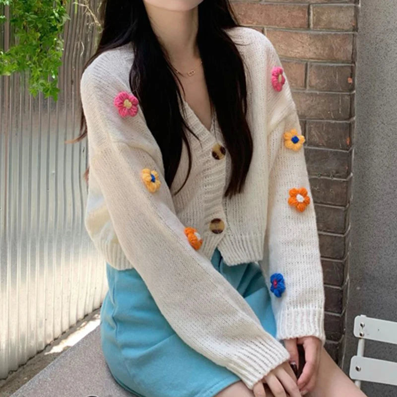 Colourful Applique Flower Cardigan for Women Cute Long Sleeve V-neck Knit Crop Sweater Soft Girl Soft Knitwear Fairycore