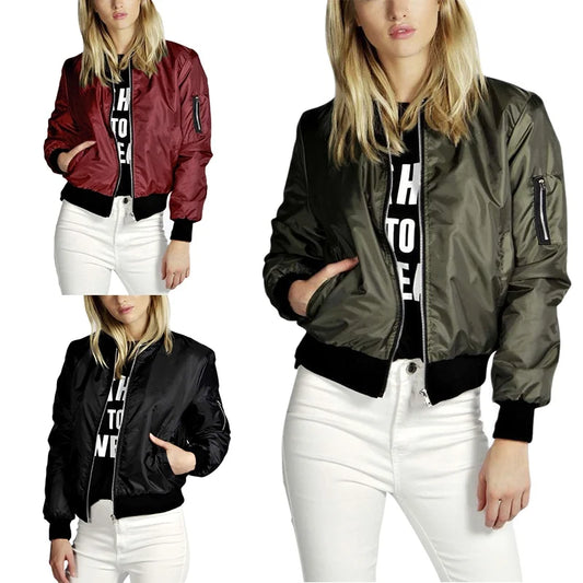 Spring Autumn Women Thin Jackets Tops Basic Bomber Jacket Long Sleeve Coat Casual O-neck Collar Slim Fit Outerwear