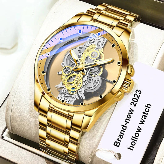 2024 New Men Watch Skeleton Quartz Wristwatch Gold Skeleton Retro Man Watch Top Brand Luxury Clock Mens Watches Reloj Hombre