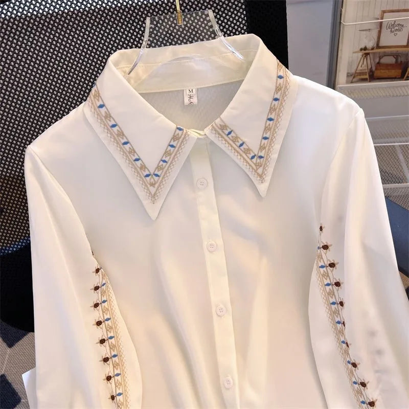 Embroidered Women be all-match High Quality Female Elegant Blouses Ladies Work Wear Shirts White Floral Clothings Chiffon Tops