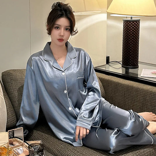 New Ladies Two-Piece Pajamas Casual Simulation Silk Homewear Spring And Autumn Summer Homewear Ice Silk Cardigan Set Pajamas