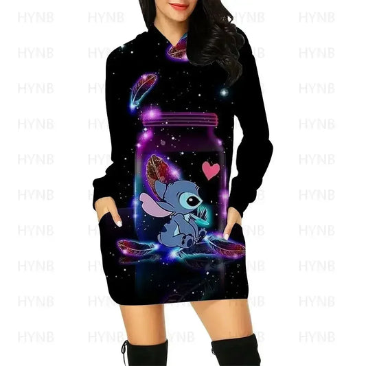 Y2k Stitch Dresses for Women 2024 Disney Woman Clothes Mini Dress With Hood Hoodie Kawaii Fashion Luxury Party Sweater Dress 5XL