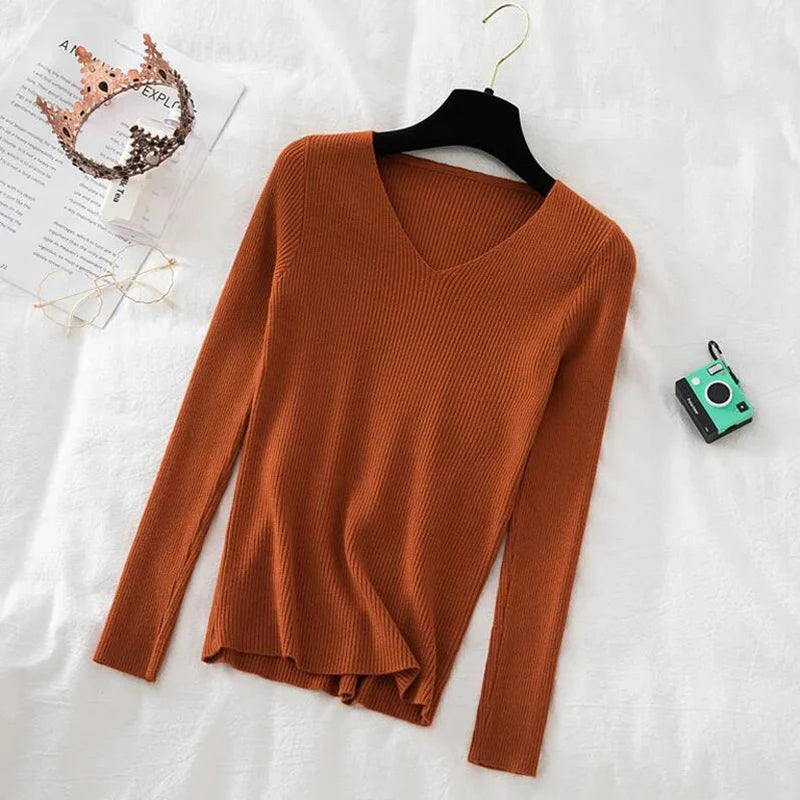 Zoki New  Women Sweater Autumn Long Sleeve Pullover Basic Top Fashion V-neck Elastic Female Winter Solid Knitted Jumper