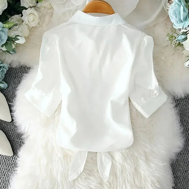 New Summer Casual Women's Shirt 2024 Shawl White Buttoned Up Blouse Women Cotton Woman Tops Elegant Lady Tunics Clothes 19870