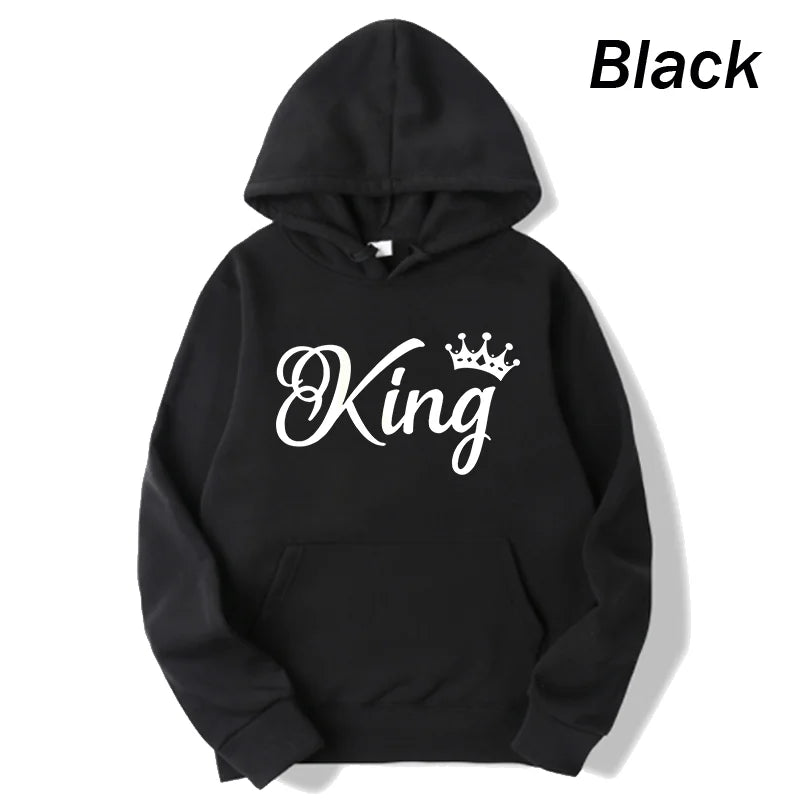 Fashion Men Women Long Sleeve Pullover Hooded Sweatshirts Unisex King and Queen Print Hoodies Casual Streetwear Couple Sweat