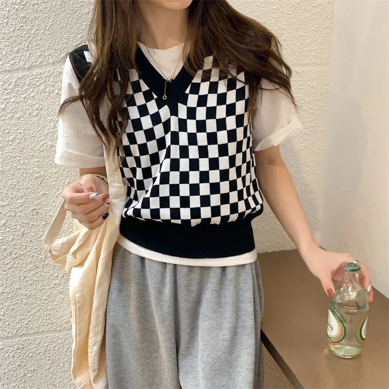 Streetwear Knitted Pullover  Knitwear Tank Top Autumn Spring V-Neck Waistcoat Women Sweater Vest