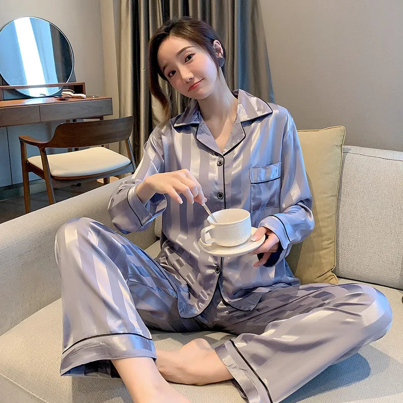 Ice Silk Pajamas Two-Piece Female Spring And Autumn Long-Sleeved Pajamas Ladies Simulation Silk Sweet Striped Homewear Set